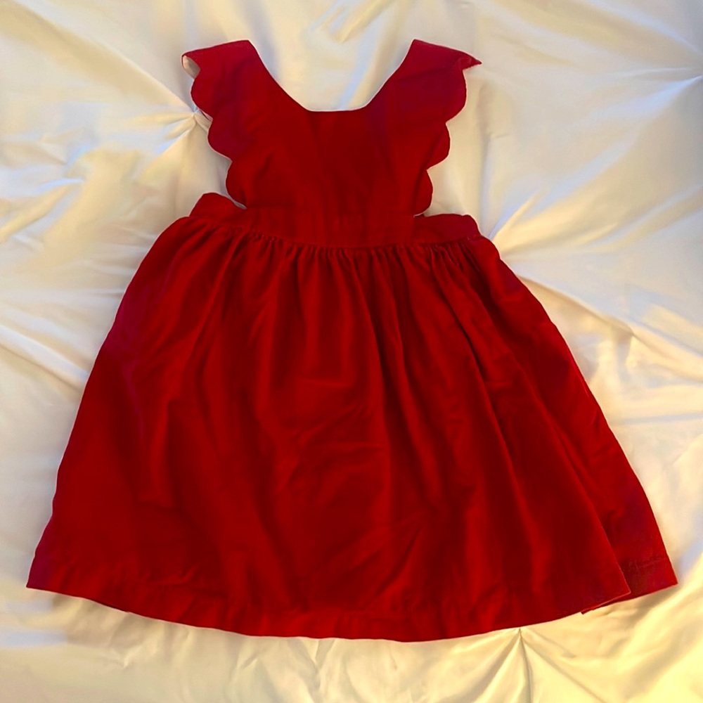 Bella Bliss red scalloped corduroy jumper with bow back